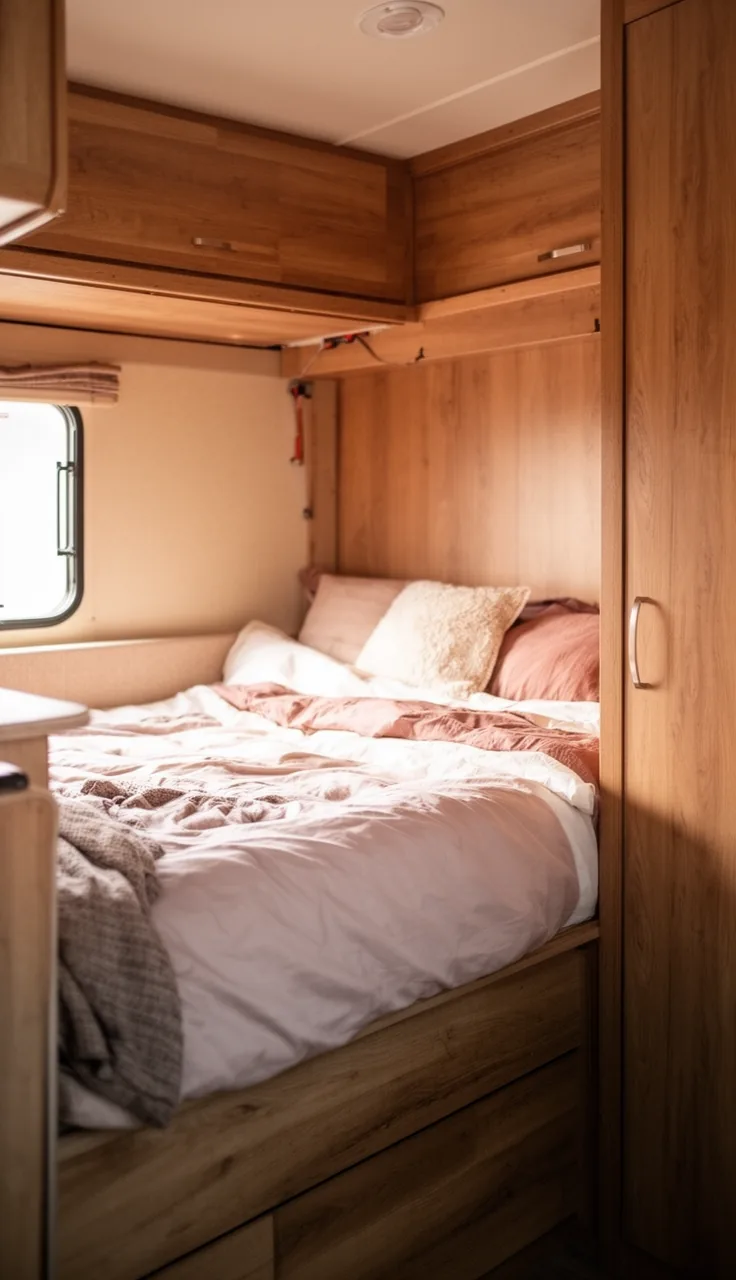 Small camper interior with a fold-down Murphy bed tucked up to reveal living space