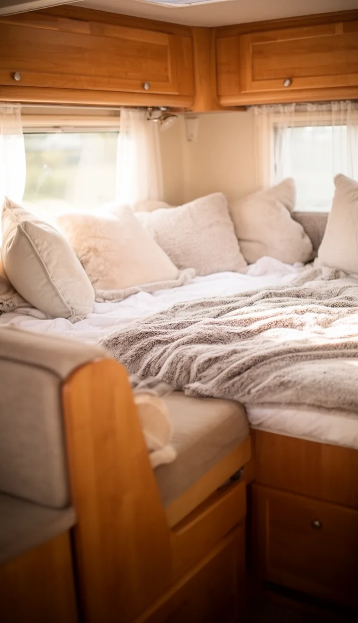 Camper dinette converted into a cozy bed with soft cushions and layered bedding