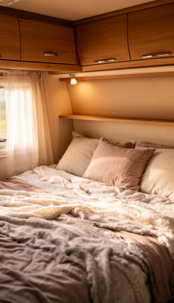 Camper cab-over bunk with cozy bedding, a small shelf, and a soft reading light