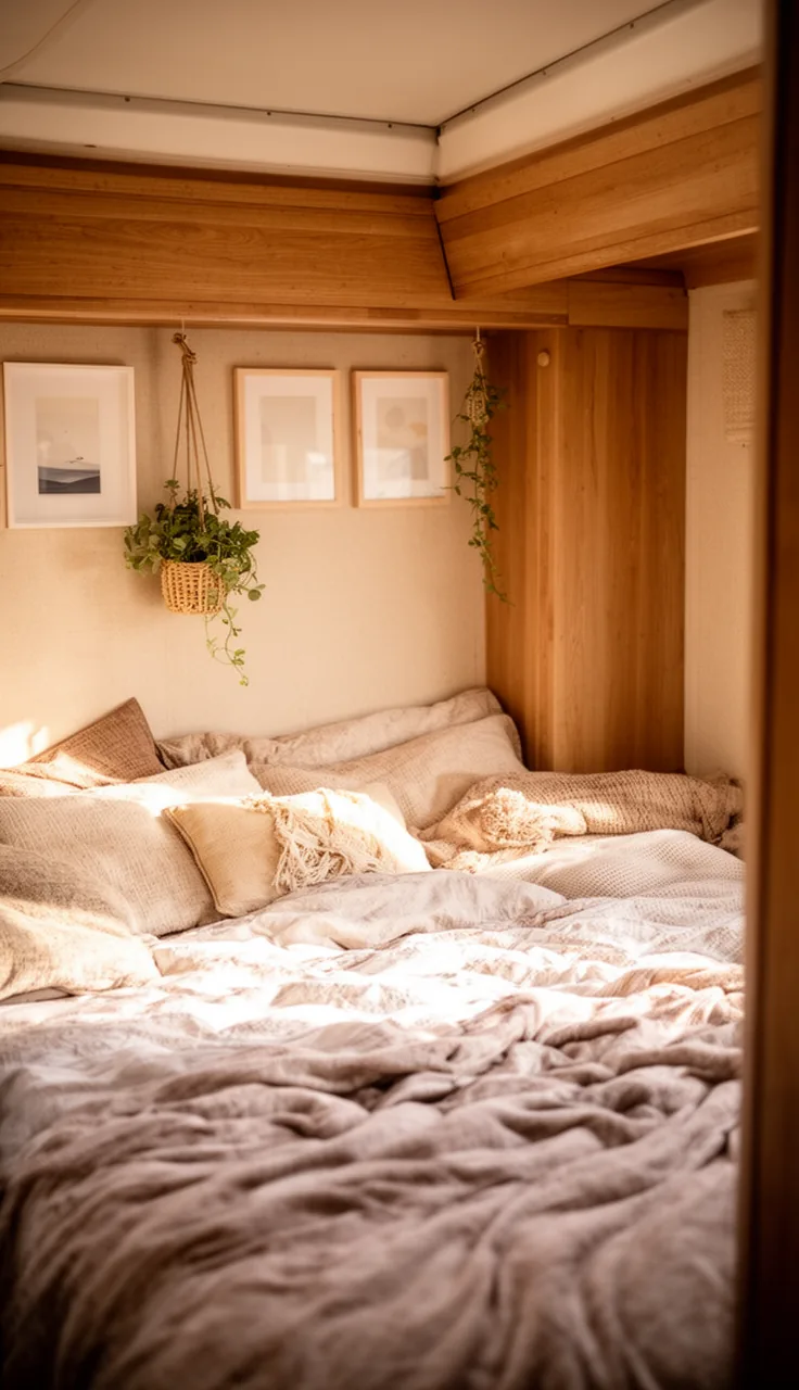 Camper bedroom wall above the bed with lightweight framed art and a small hanging plant