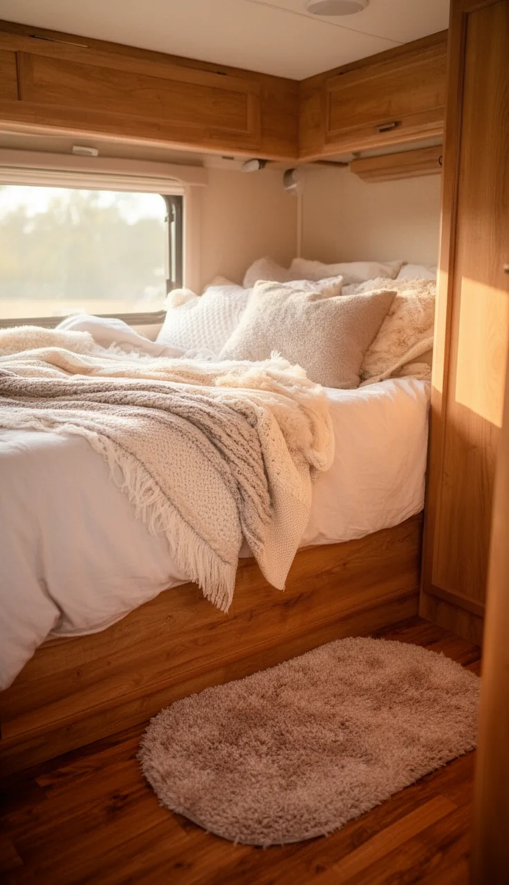 Small soft rug beside a camper bed on a warm wood floor in a cozy bedroom