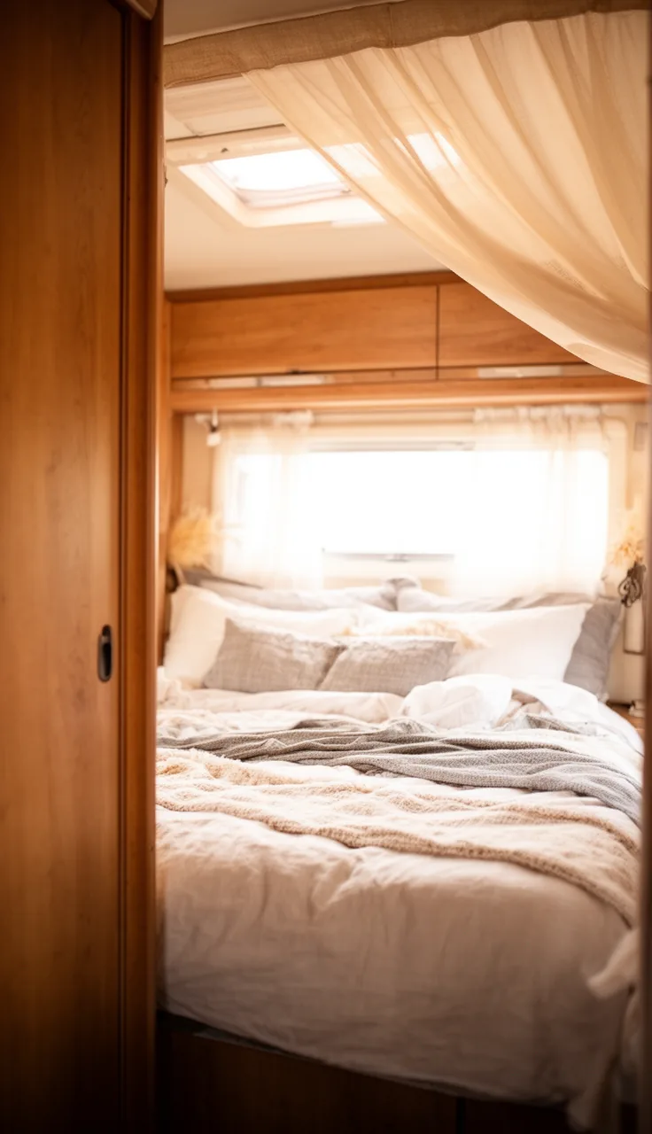Camper bed with a soft draped fabric canopy across the ceiling for a dreamy feel
