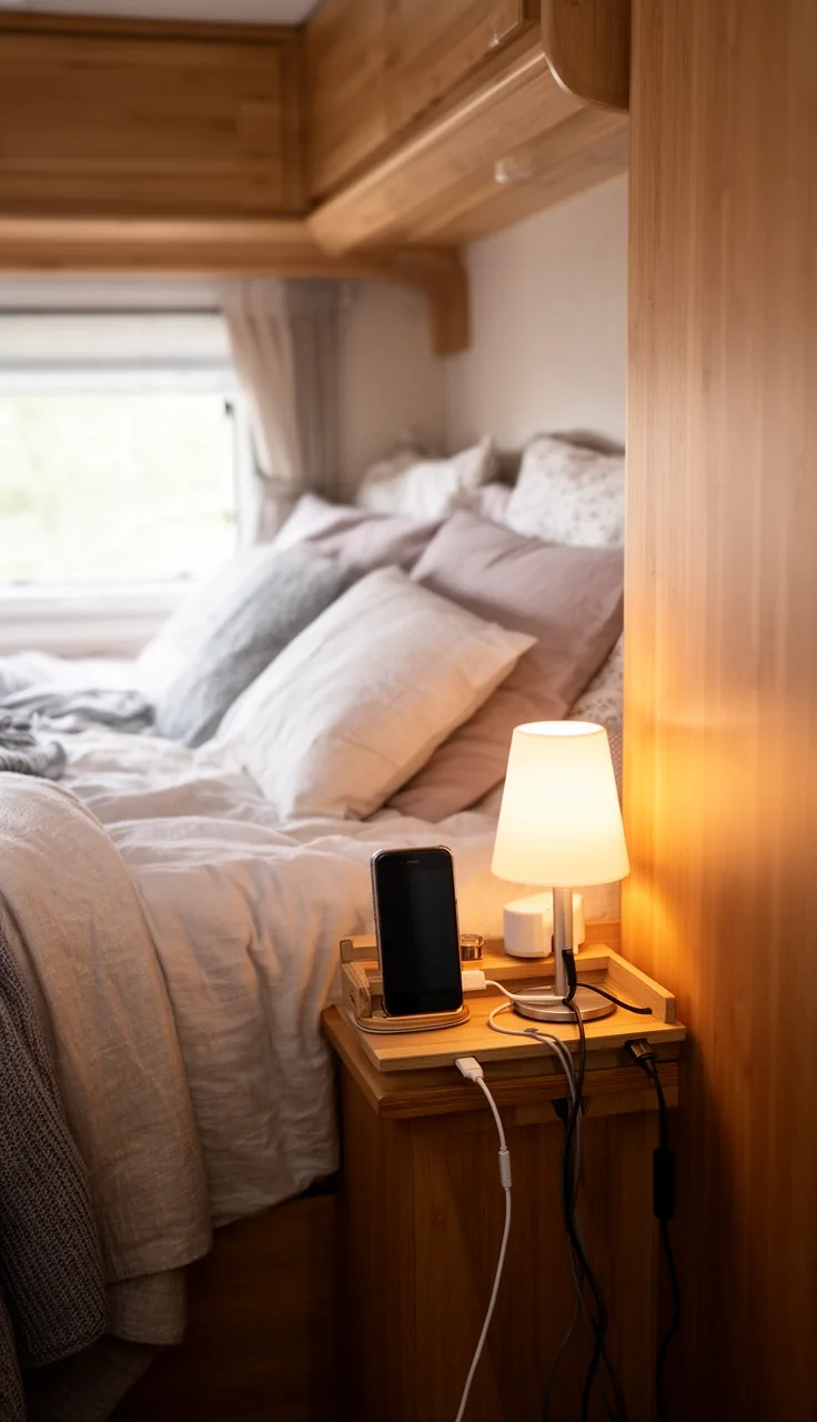 Camper bedside with a small DIY charging station holding phones beside a warm lamp