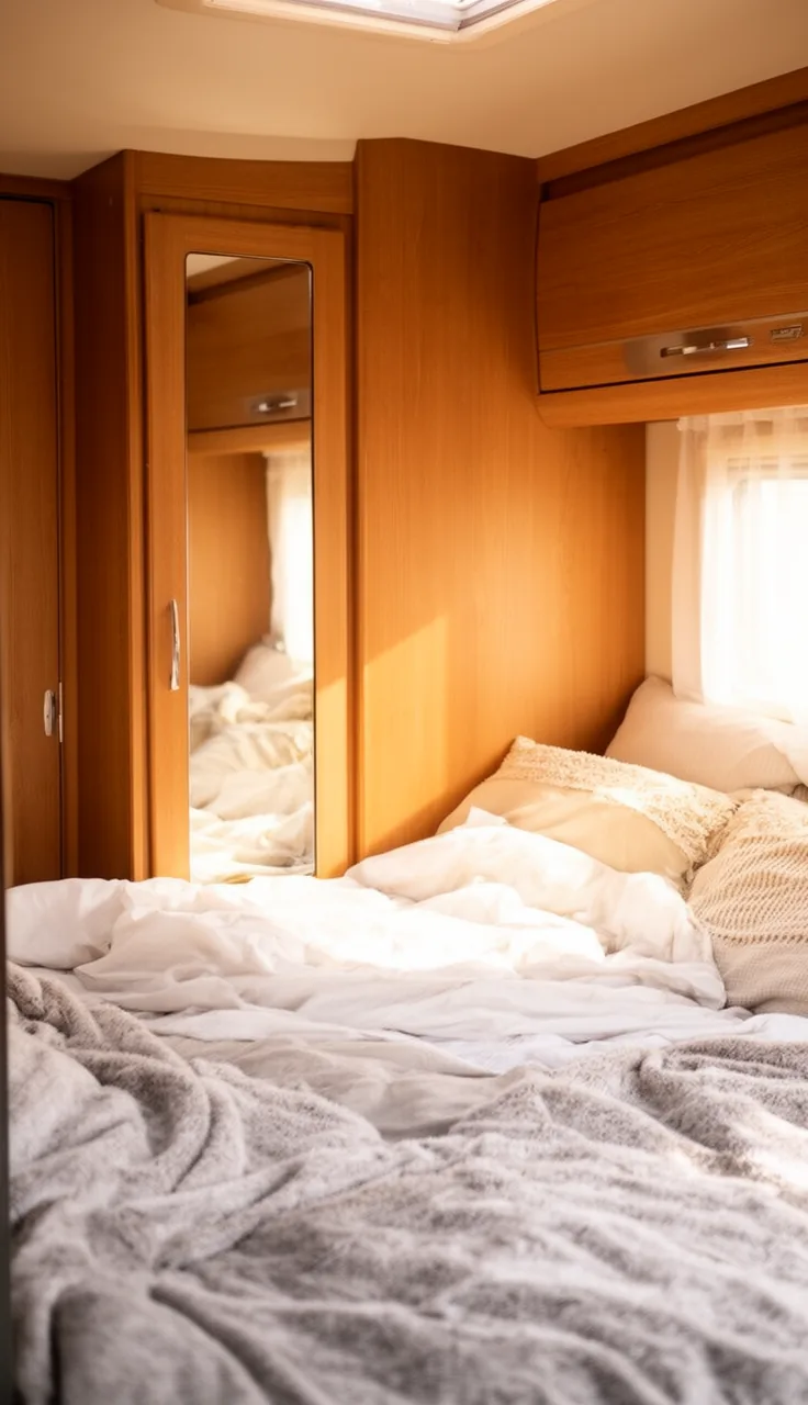 Small camper bedroom with a slim mirror beside the bed reflecting soft light