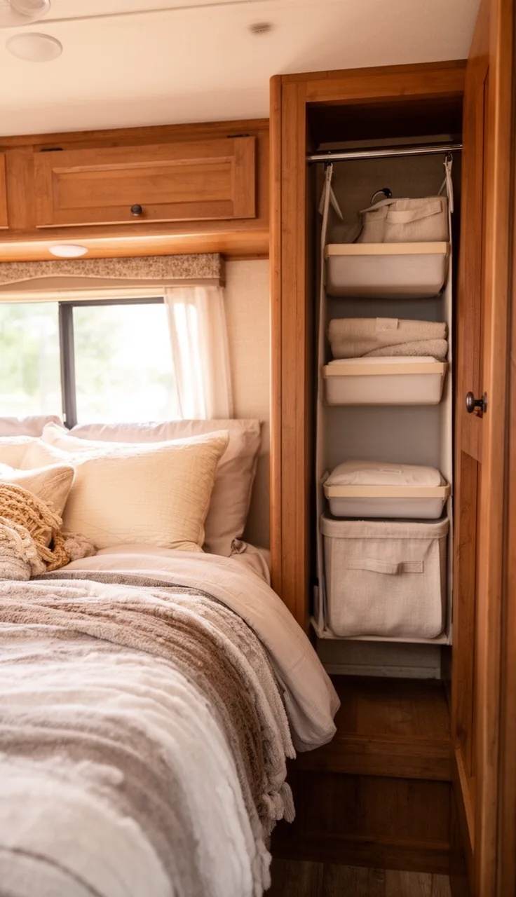 Camper bedroom closet nook beside the bed refreshed with hanging shelves and soft bins