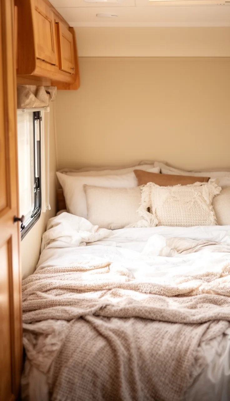 Camper bedroom walls freshly painted a soft warm neutral with cozy layered bedding