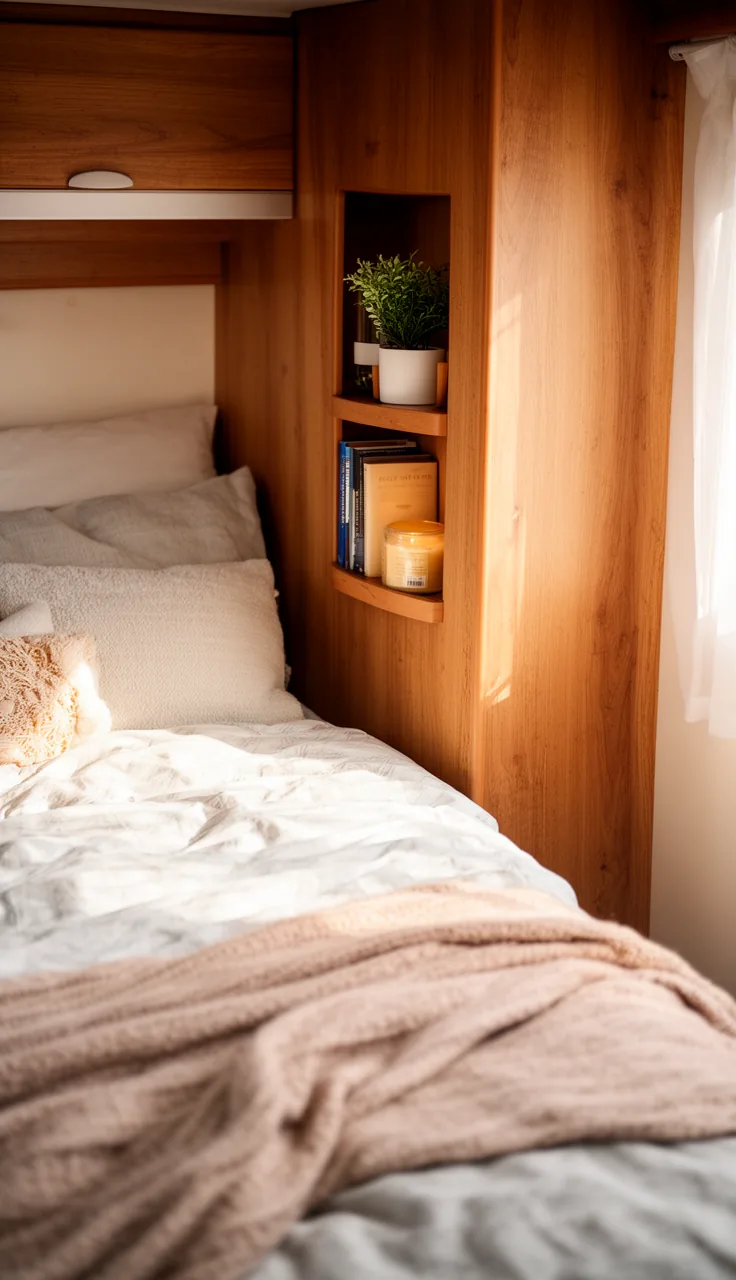 Camper bedroom shelf with a small plant, a few books, and a candle in a homey nook