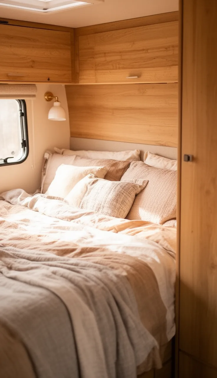 Camper bedroom pulled together with a calm, cohesive color palette across bedding and decor