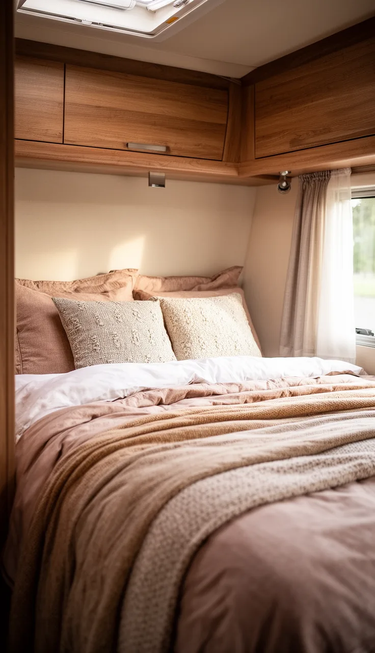 Cozy camper bed with a layered warm duvet and textured pillows in soft neutrals