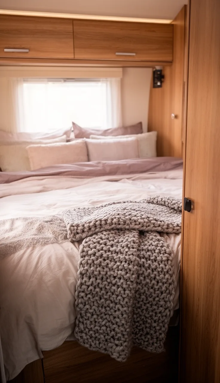 Camper bed with a chunky knit throw folded at the foot in a warm wood bedroom