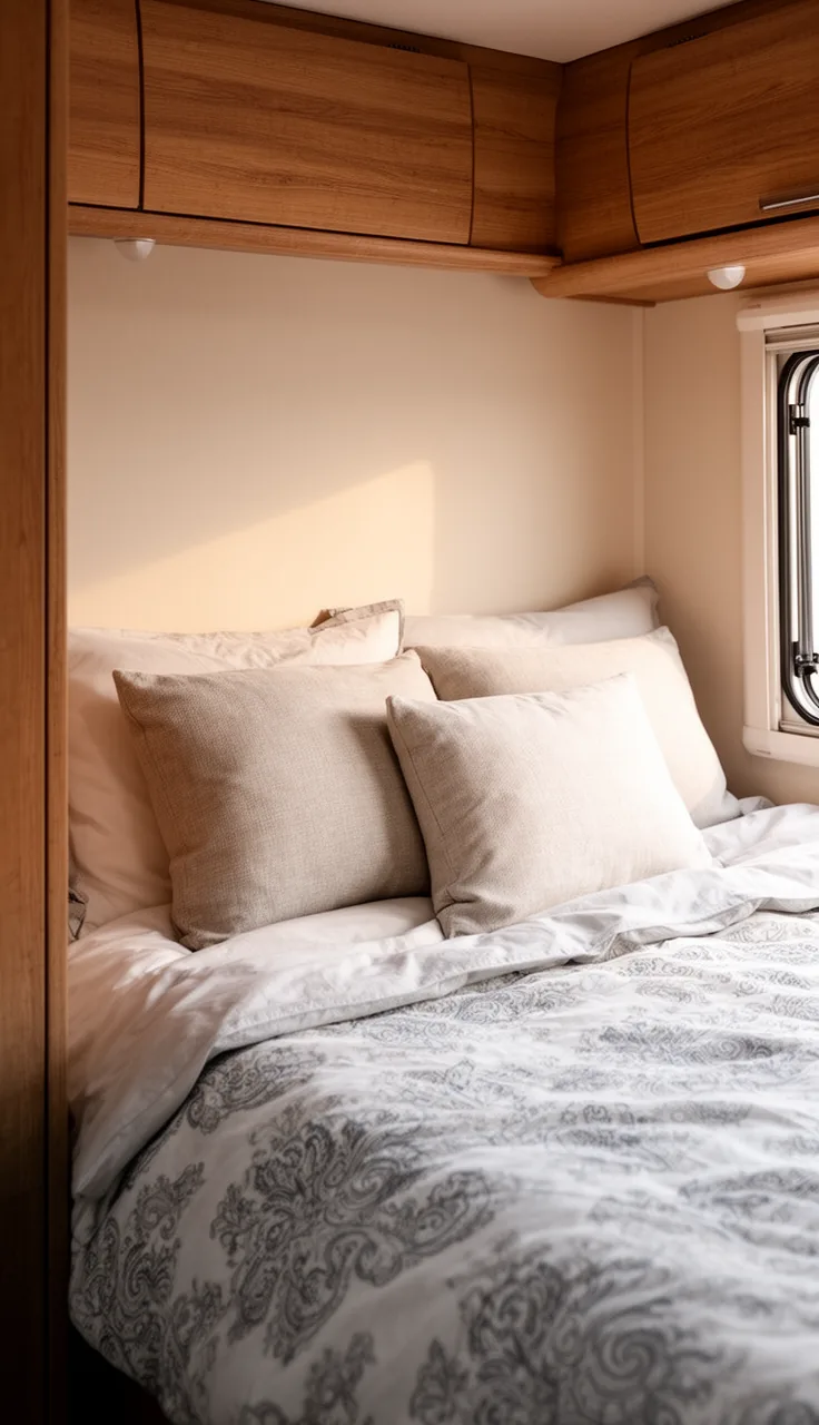 Small rv bed made up with a calm patterned duvet and two pillow sizes