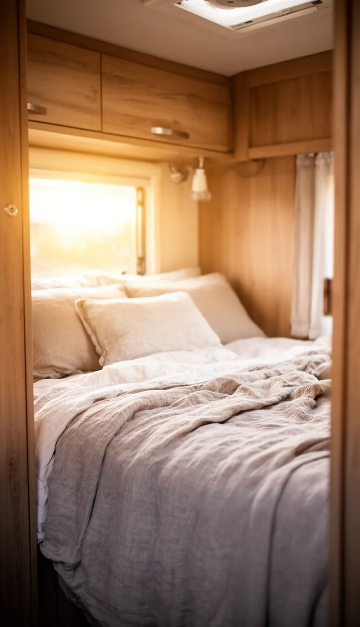 Camper bed with soft linen bedding lit by a warm morning glow