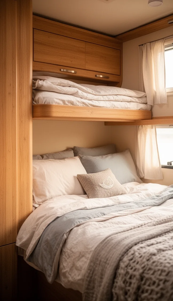 Cozy camper bunk with soft fitted bedding and a little pillow