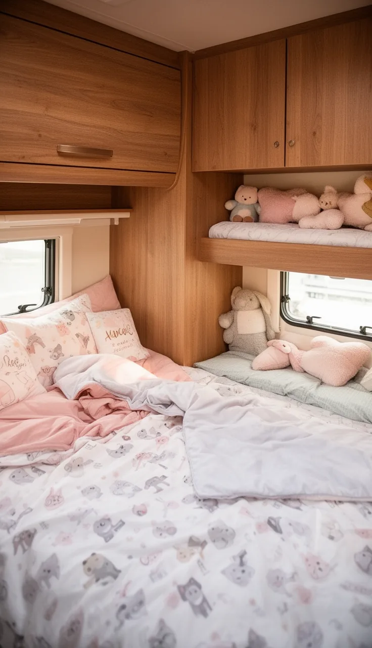 Camper kids bunk beds with soft, fun bedding and little pillows