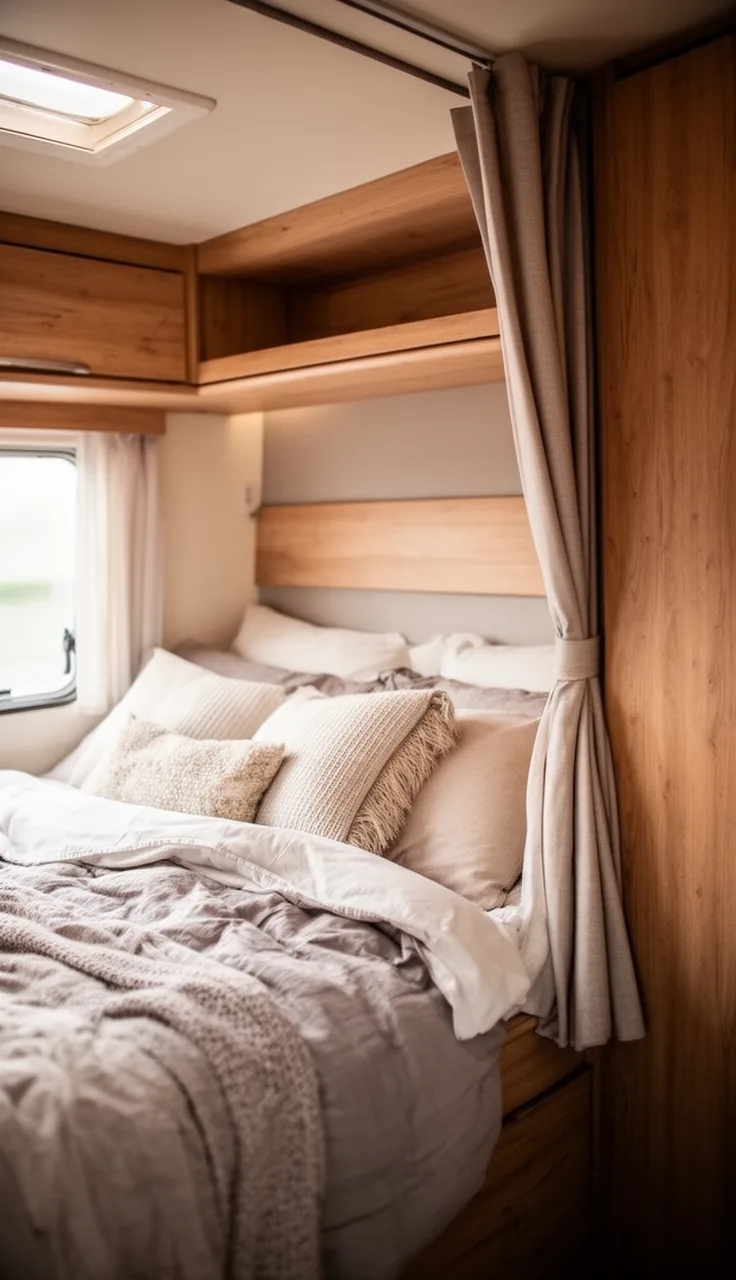 Camper bunk with a privacy curtain drawn across for a cozy cocoon