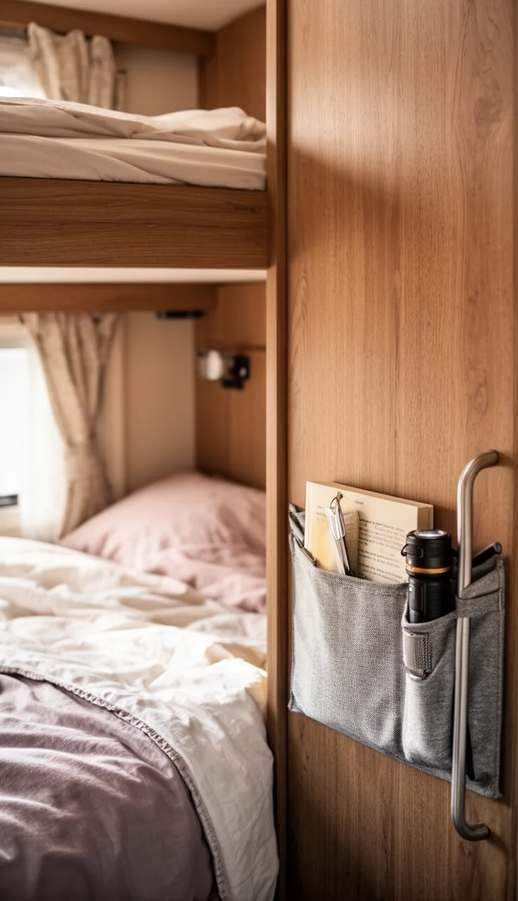 Camper bunk with a rail-side fabric pocket holding a book and flashlight