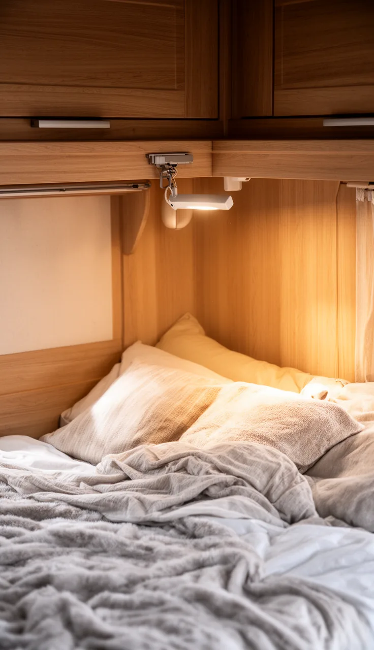 Camper bunk with a clip-on reading light and warm cozy bedding