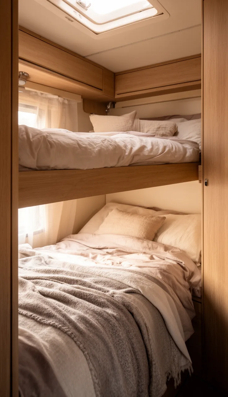 Warm cozy camper bunk room with two made-up bunks and soft light