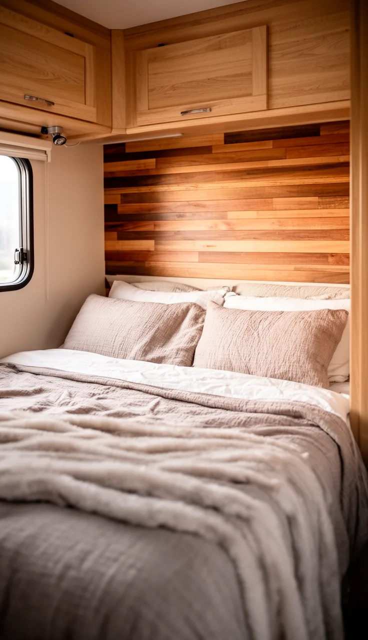 Camper bedroom with a warm wood slat accent wall behind the bed