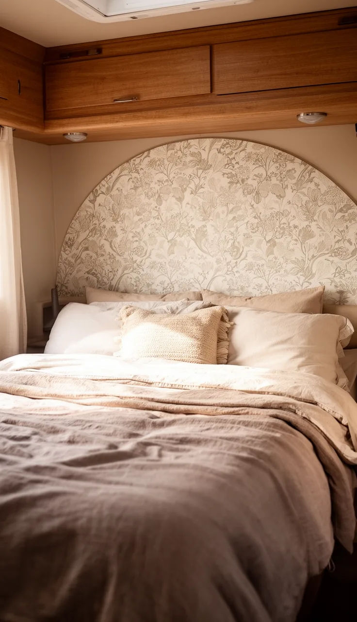 Camper bed with a peel-and-stick wallpaper arch headboard on the wall