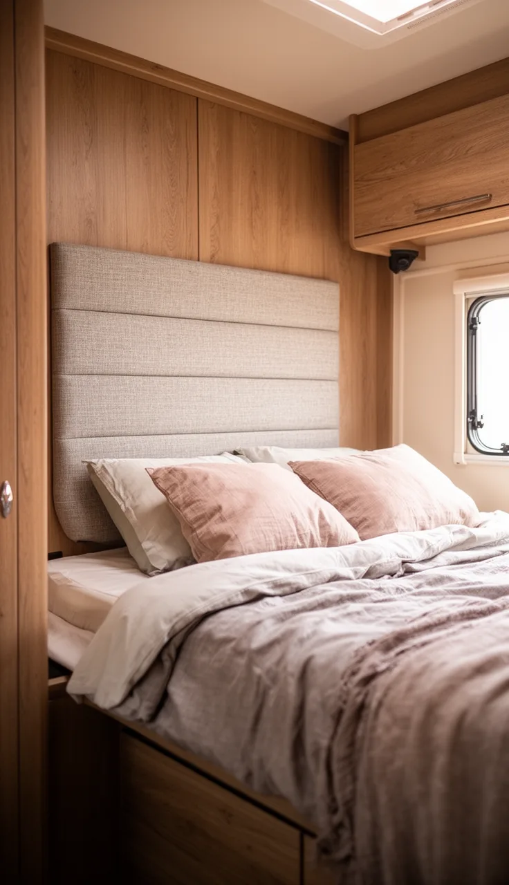 Slim upholstered fabric headboard mounted flat behind a camper bed