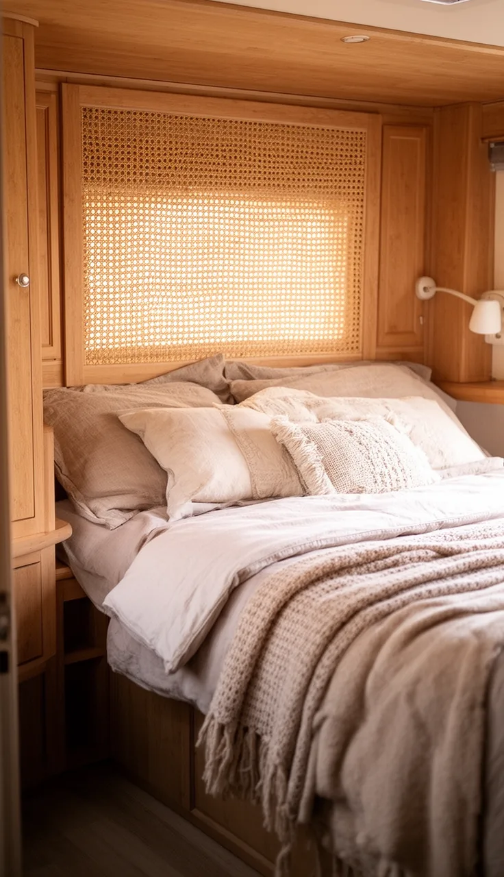Camper bed with a woven cane headboard and cozy bedding in a warm rv
