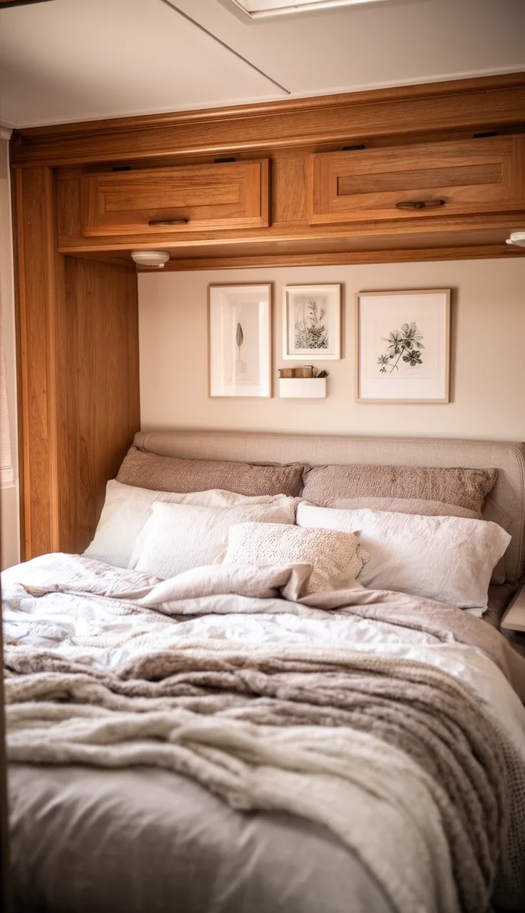 Camper bedroom with framed art grouped above the headboard