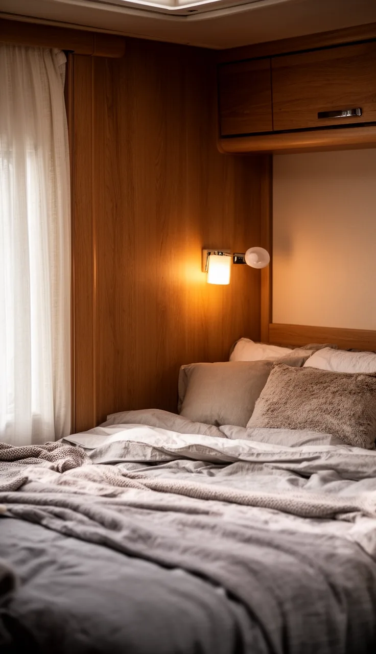 Camper bedroom with warm wall reading sconces beside the bed for a cozy glow