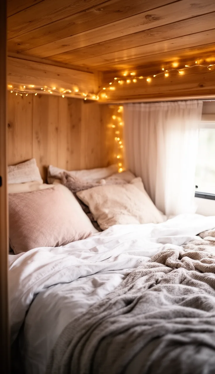 Warm string fairy lights draped along a camper bedroom ceiling edge