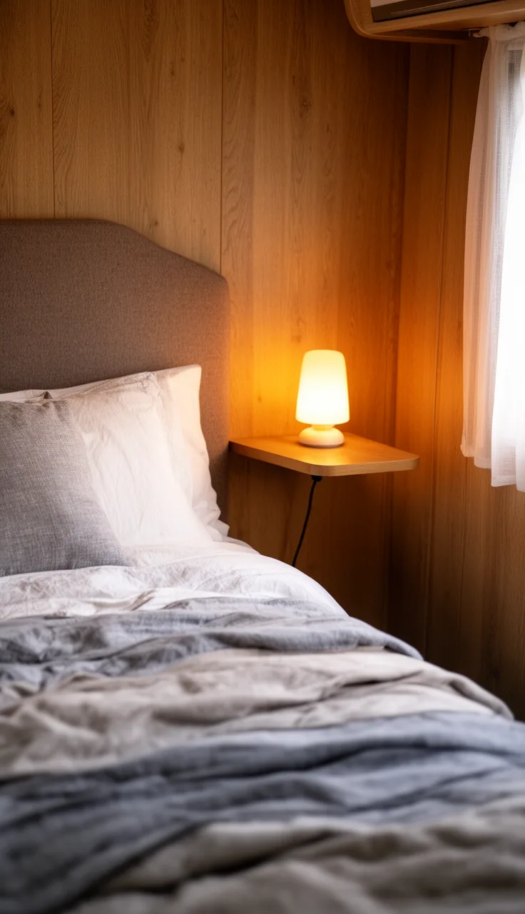 Camper bedside with a small warm lamp on a slim floating shelf