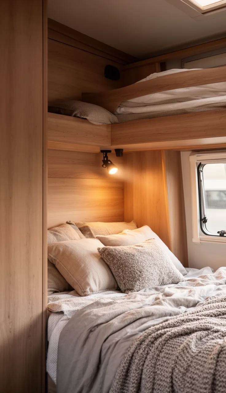 Camper bunk with a clip-on warm reading light and cozy bedding