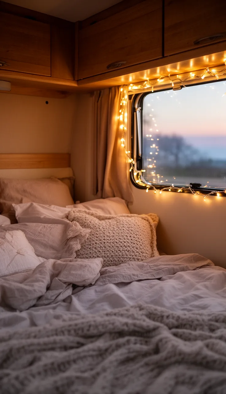 Camper bedroom window framed with soft warm string lights at dusk
