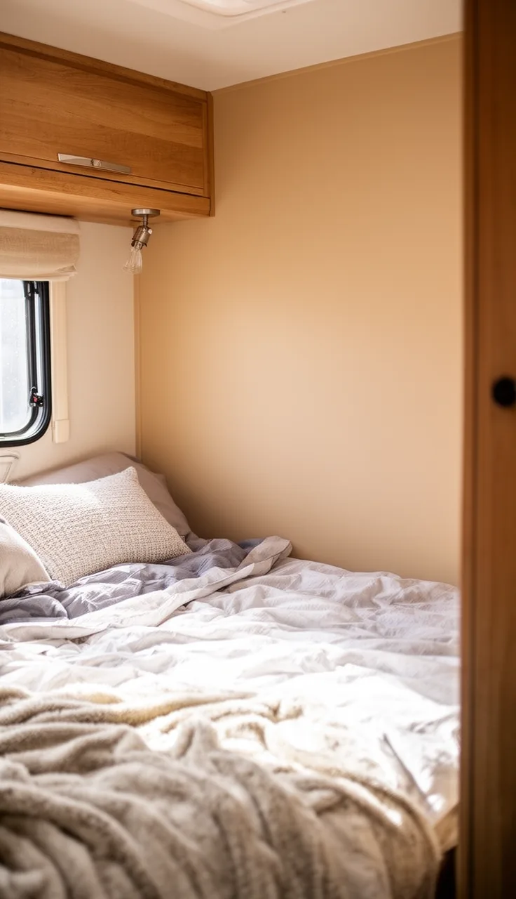 Camper bedroom walls freshly painted a soft warm neutral, bright and airy