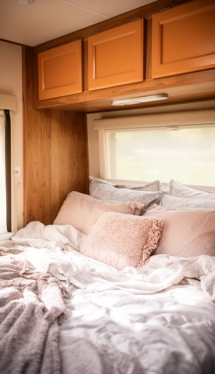 Camper bedroom overhead cabinets refreshed with warm painted fronts