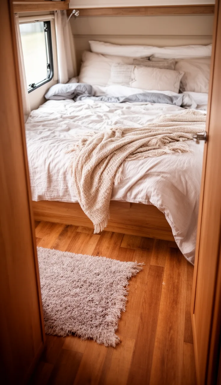 Small soft rug beside a camper bed on a warm wood floor