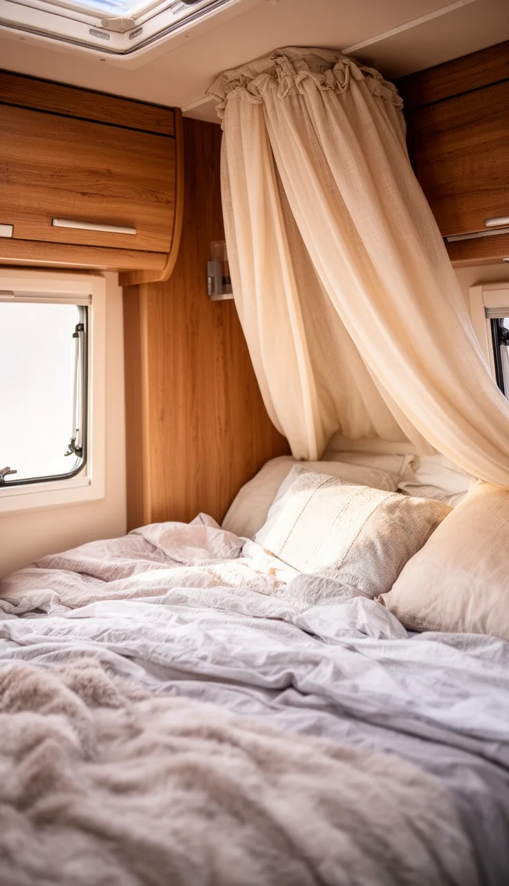 Camper bedroom with a soft fabric canopy draped over the bed