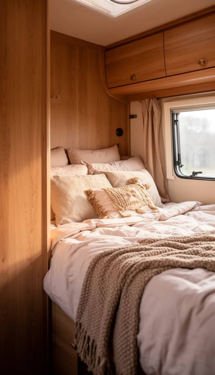 Cozy finished camper bedroom with cohesive warm decor and layered bedding