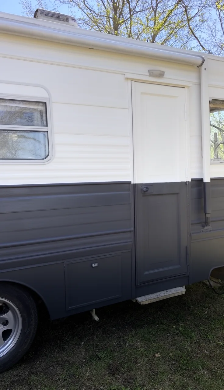 Camper exterior painted in a clean two-tone scheme with a white upper and charcoal lower
