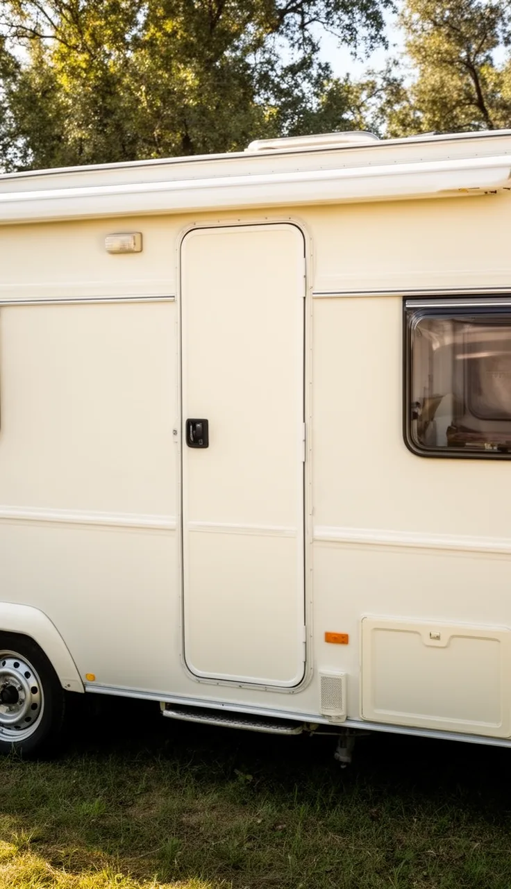 Camper painted a soft warm white all over for a bright, clean exterior