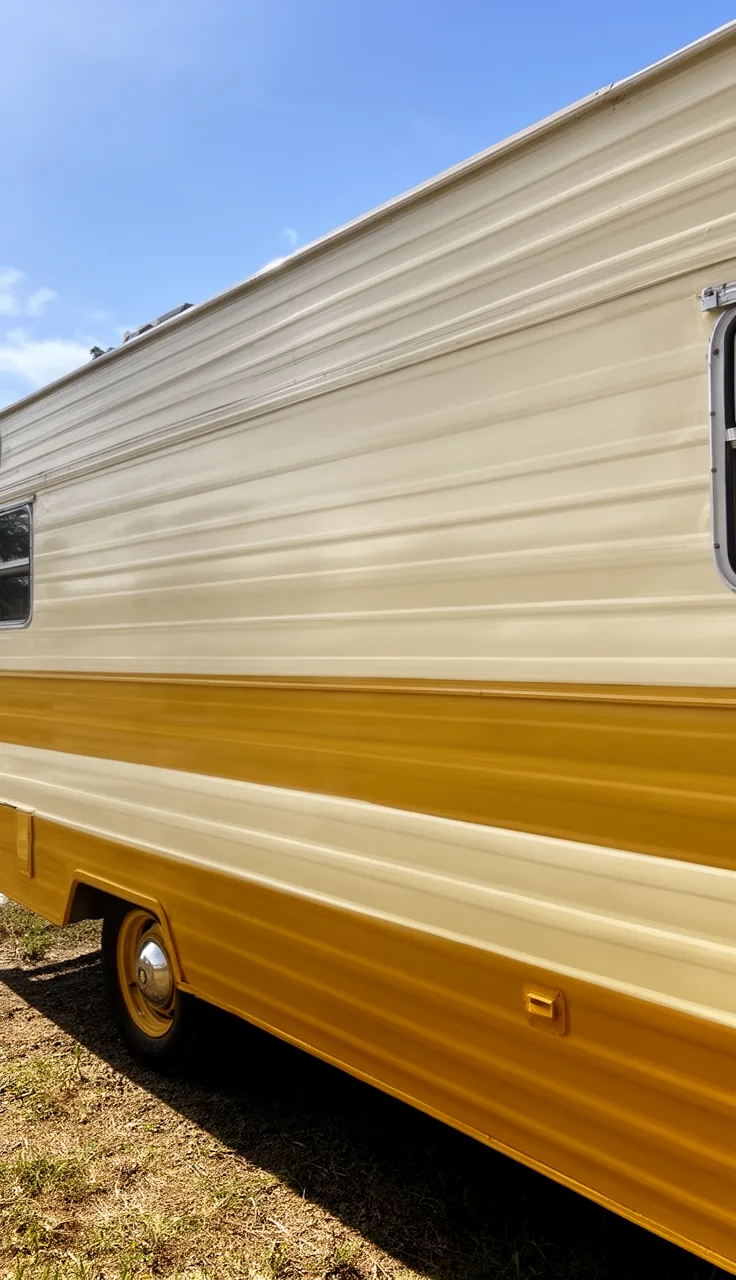 Vintage camper exterior with a bold retro stripe in mustard and cream along the side