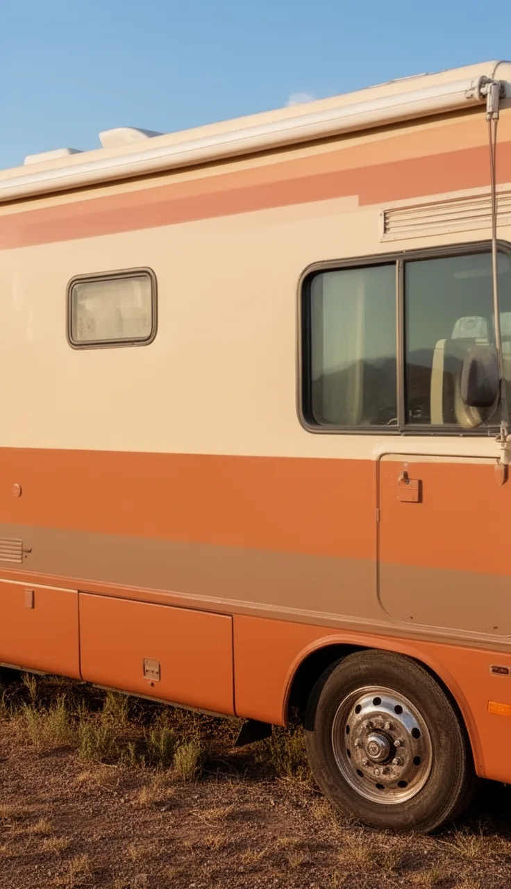 Camper painted in warm desert earth tones like terracotta, sand, and taupe