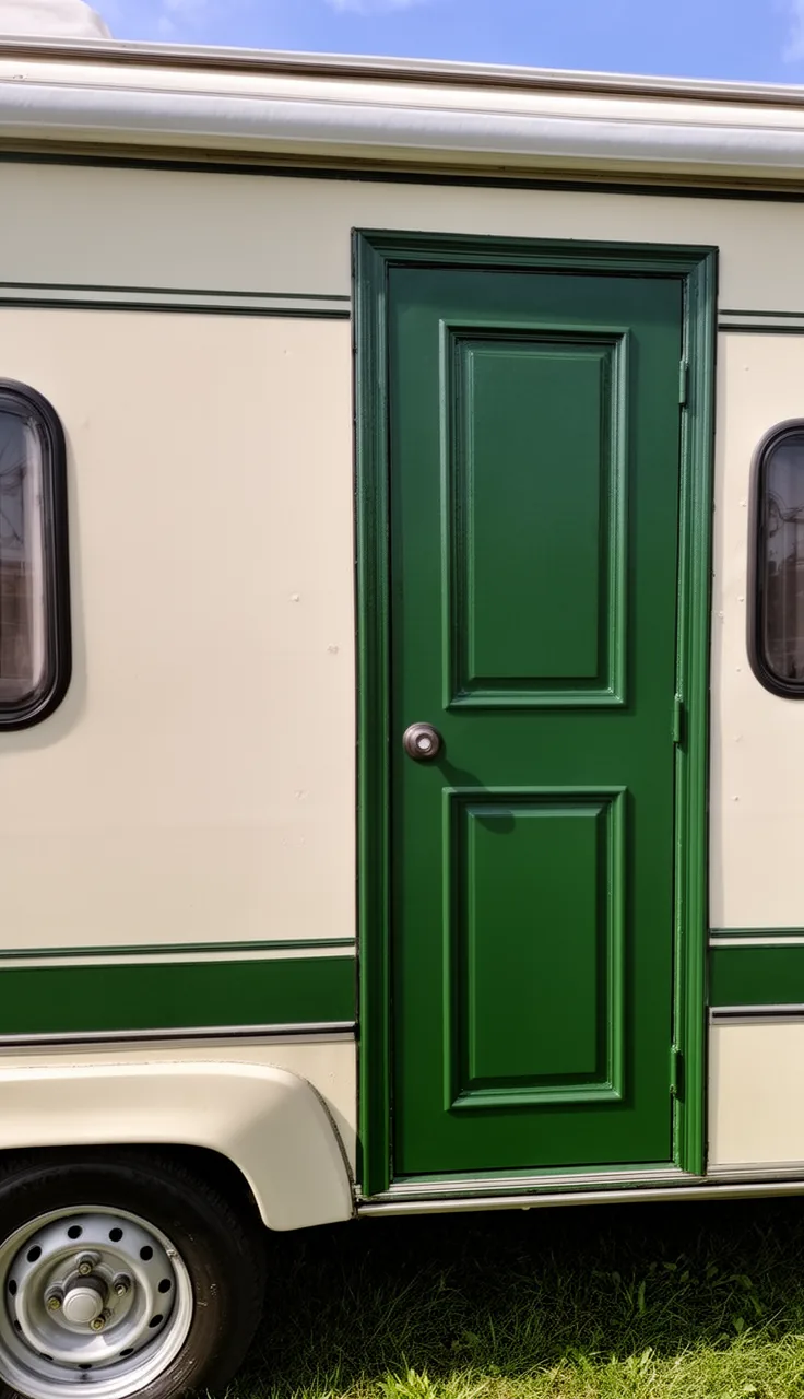 Camper exterior in neutral tones with a bold painted entry door and trim in deep green