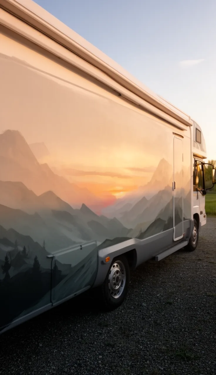 Camper exterior with a soft painted mural of mountains and a sunset along the side