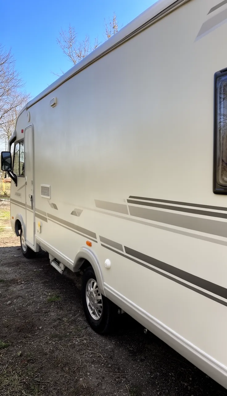 Camper exterior with clean geometric vinyl decals and simple graphics on the side