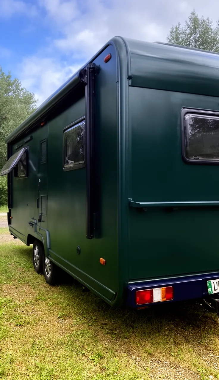 Camper exterior painted a deep moody color like forest green for a rich, dramatic look