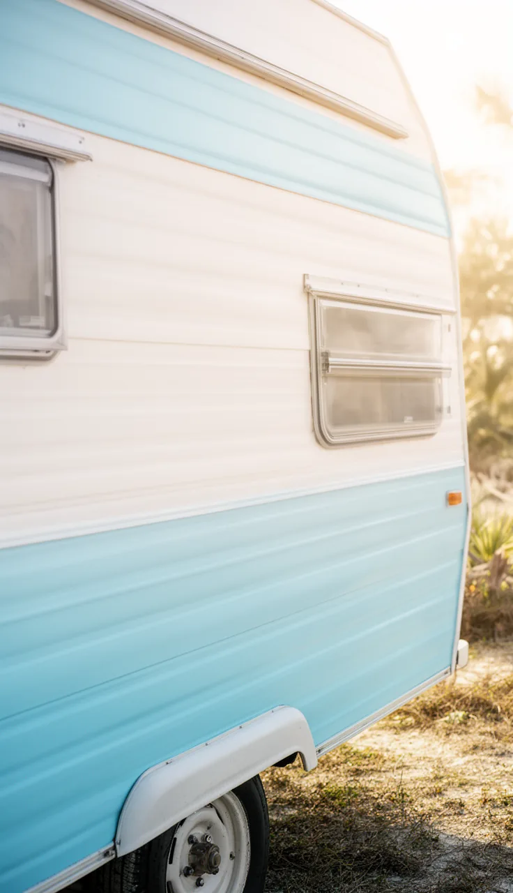 Camper painted in soft coastal blue and warm white for a breezy, beachy exterior