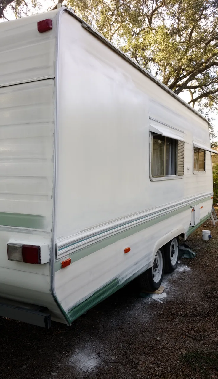 Camper exterior with a smooth, even primer coat applied before the color coat