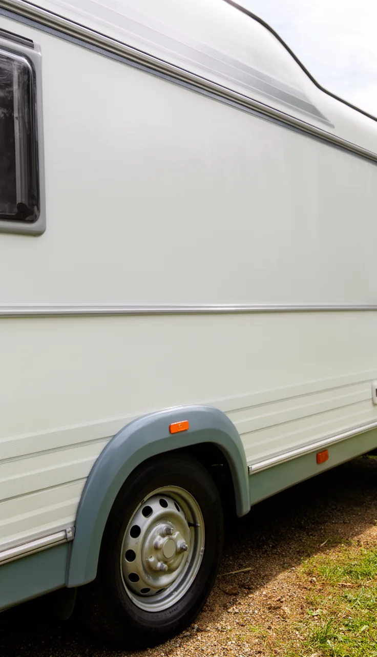 Camper exterior with freshly painted wheel arches and fender trim in a contrasting color