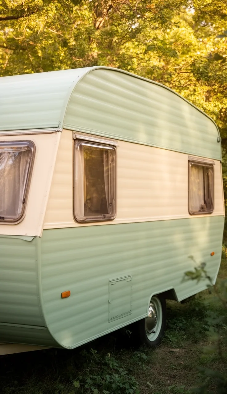 Vintage camper painted soft sage green and cream for a cozy cottage-camper vibe