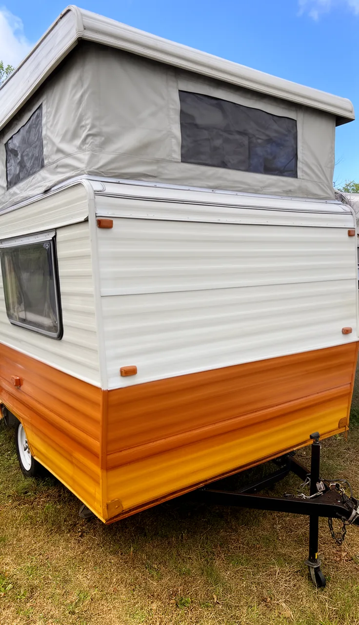 Pop-up camper with a freshly painted lower box in warm two-tone colors and clean canvas top